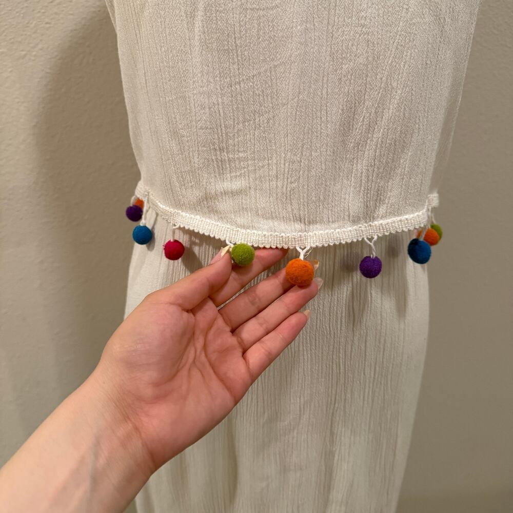 Hint of Blush White Maxi Dress XL Colorful Pom Pom Trim Boho Resort Beach Summer - Picture 5 of 8